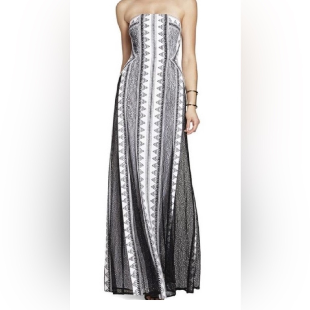 BCBG MAXAZRIA Kia Black & White Geometric Strapless Long Maxi Dress Size 6